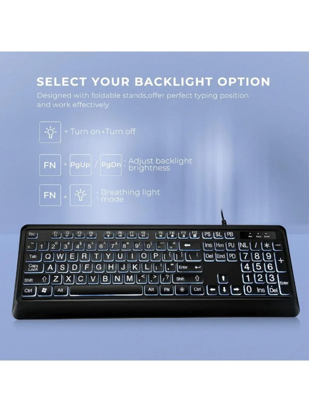 Large Print Backlit USB Wired Keyboard for Windows, PC & Gaming - Full Size, LED